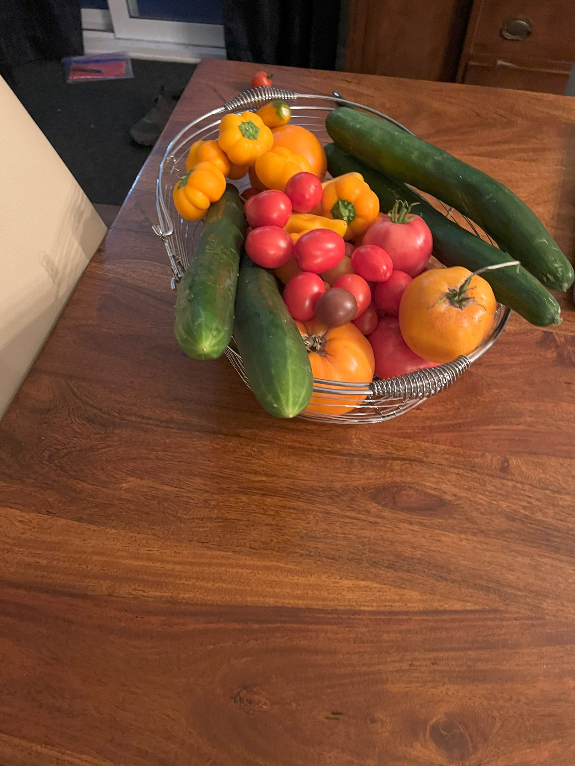 Fresh tomatoes and cucumbers harvested at Thunder Gardens
