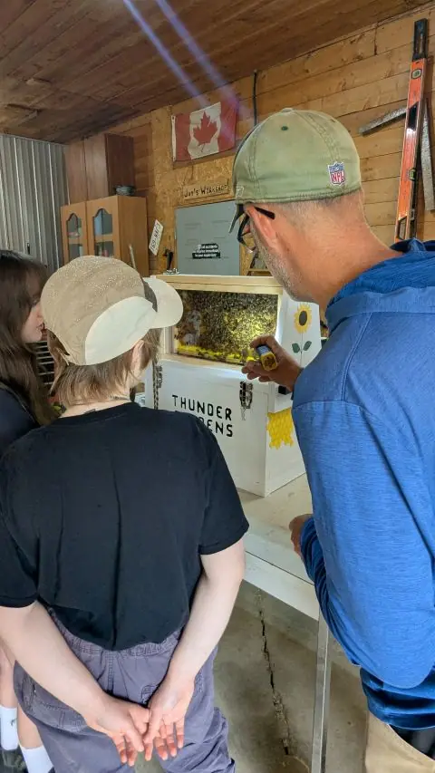 Farmer Jay showing youth the observation beehive at Thunder Gardens